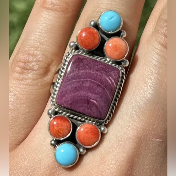 Navajo Sterling Silver Multi Stone Spiny Oyster Turquoise Ring Size 7.5 D Wylie - Picture 1 of 12